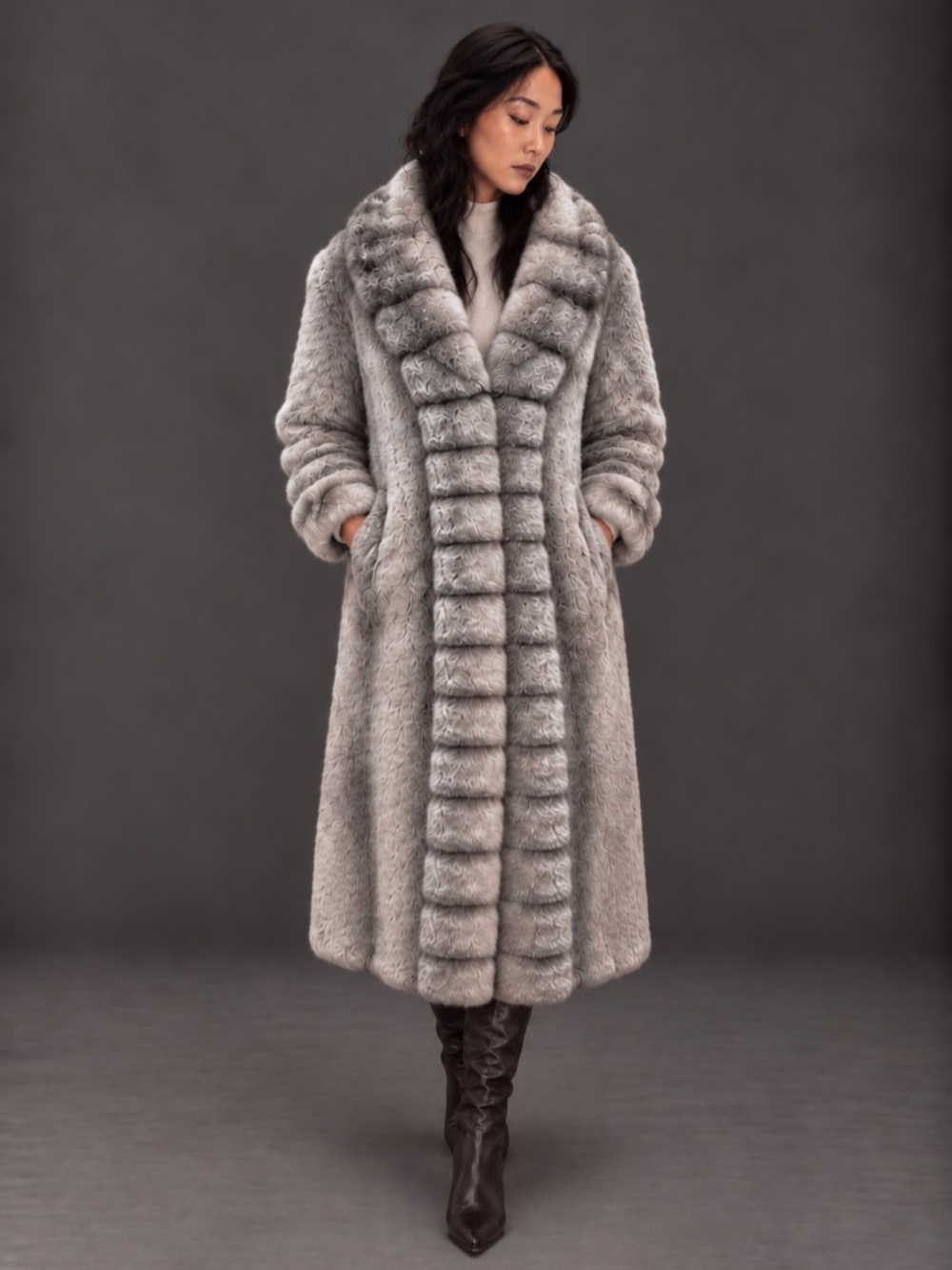 DB by Basso Silver Gray Full Length Faux Fur Coat Small